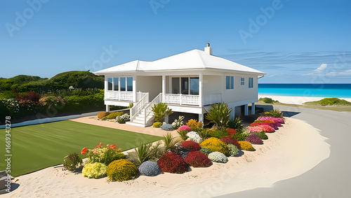 white house on the beach with blue sky