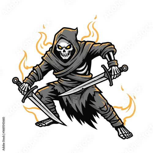 Cartoon skeleton warrior with swords and flames.