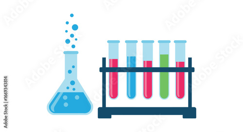 Beaker and test tubes with colored liquids in a laboratory setting