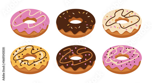 Colorful donuts with frosting and sprinkles on a white background