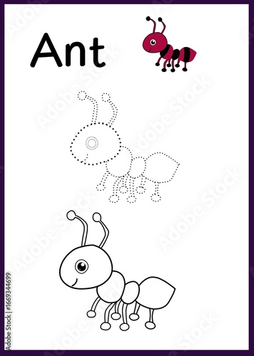 Cute Ant Tracing and Coloring Worksheet for Kids – Educational Printable