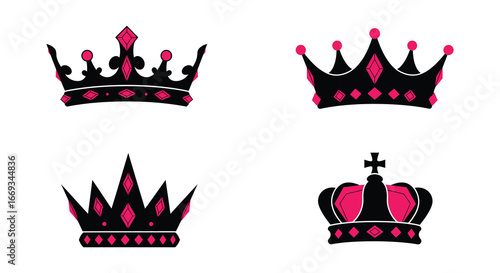 Collection of four different royal crowns with pink and black details