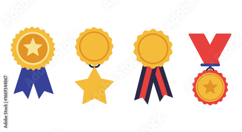A set of four colorful award ribbons and medals