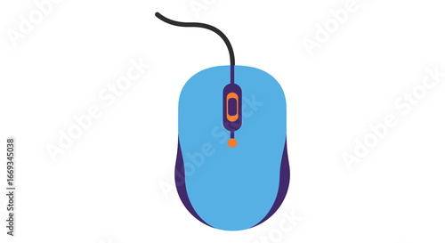 A blue computer mouse with a cord and orange accents