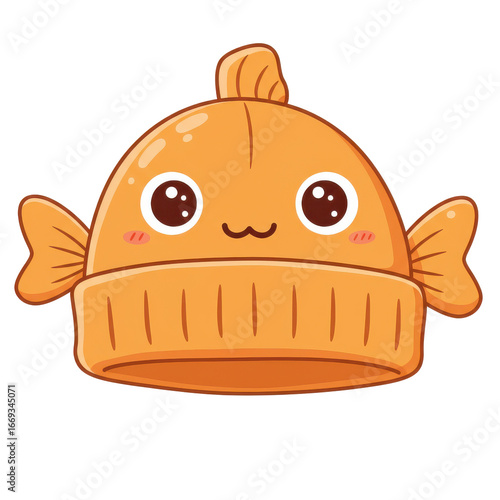 Adorable orange fish-shaped knitted winter hat cartoon illustration isolated on white background