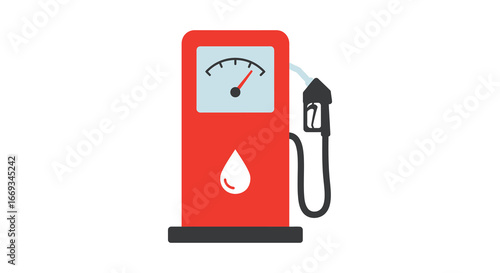 Gas pump with a fuel gauge and nozzle on a white background