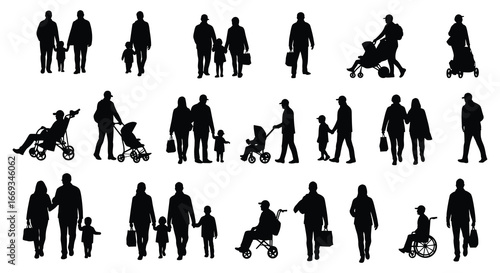 Silhouettes of people with disabilities and their companions in various scenes