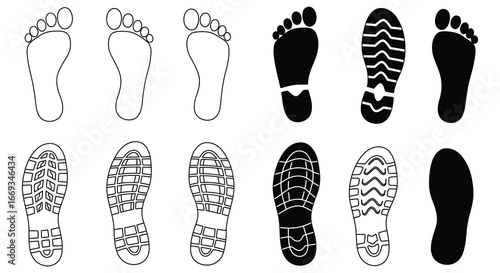A collection of various footprints and sole designs in black and white