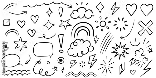 Collection of Hand Drawn Doodle Elements and Symbols on White Background arrows
