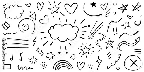 Assorted Hand Drawn Doodle Icons and Symbols on White Background stars