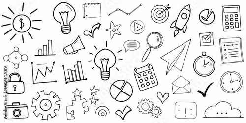 Collection of hand drawn business and finance doodle icons on white background dollar