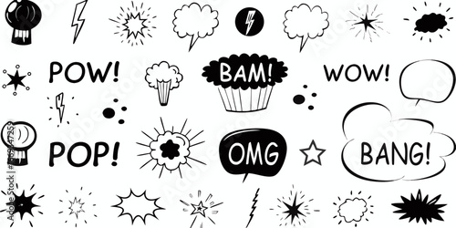 Collection of Hand Drawn Comic Book Style Speech Bubbles and Sound Effects explosion