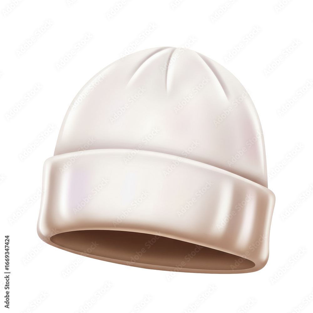 Fototapeta premium Creamy white knit beanie hat with ribbed brim and crown seams isolated on white background