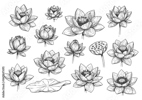 Elegant lotus flower silhouette collection, perfect for serene branding and calming design projects
