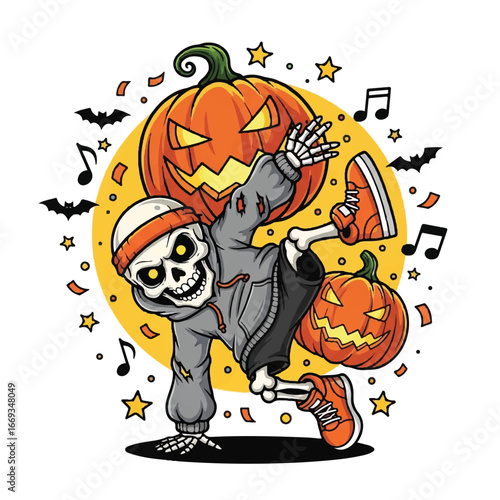 A cool cartoon skeleton in a hoodie breakdancing with Halloween jack-o'-lanterns.