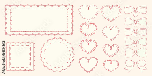 Pink Hand Drawn Decorative Frames Hearts Bows And Scalloped Circles border ribbon