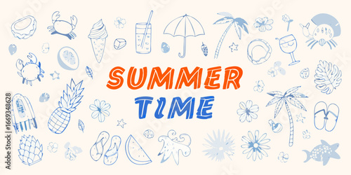 Whimsical Summer Vacation Icons and Text With Palm Trees And Beach Elements time