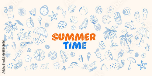 Cheerful Summer Holiday Doodle Elements With Palm Trees And Beach Items time vacation