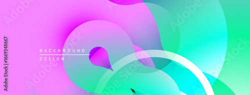 Abstract fluid shapes blend vibrant pinks, purples, greens. Overlapping layers create dynamic visual texture. Modern design element.