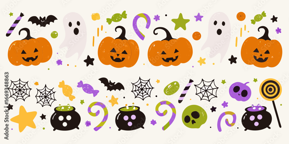 Obraz premium Halloween Themed Decorative Border With Pumpkins Ghosts And Candy holiday spooky