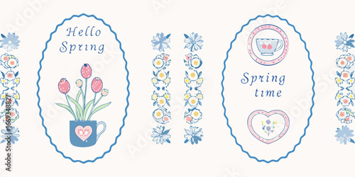 Spring Themed Illustrations with Flowers and Greetings on White Background hello spring