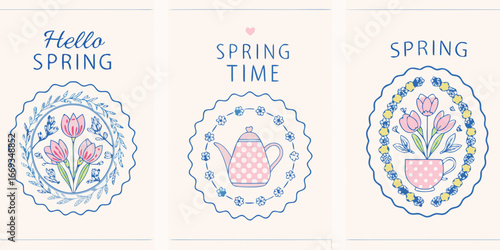 Spring Themed Illustrations with Tulips and Teapot in Decorative Frames hello spring