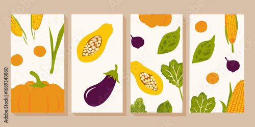 Assortment of Fresh Fruits and Vegetables on Textured Backgrounds pumpkin eggplant
