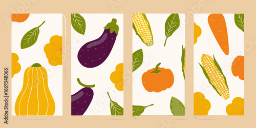 Assortment of Fresh Fruits and Vegetables in Vertical Panels pumpkin eggplant