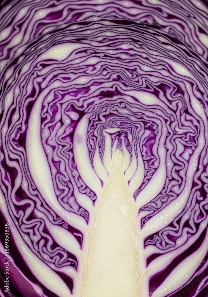Obraz premium Macro View of Halved Red Cabbage, Vivid Texture and Pattern for Background Use, Top-Down Close-Up of Sliced Purple Cabbage, Natural Surface Detail in Macro Style