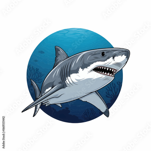 Realistic vector illustration of a great white shark emerging from ocean habitat