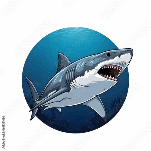 Realistic vector illustration of a great white shark emerging from ocean habitat