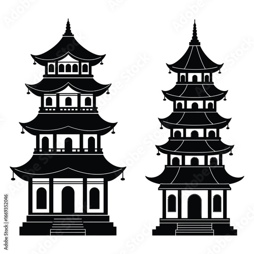 Two Black Silhouettes of Traditional Chinese Pagodas