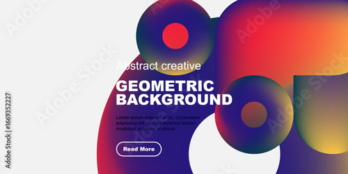 Vibrant abstract shapes overlap white space. Text promotes geometric background design, includes sample text, button. Modern aesthetic.