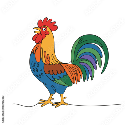Continuous line of a rooster .Single one line art of wild rooster , One continuous line illustration of an rooster isolated on white background.