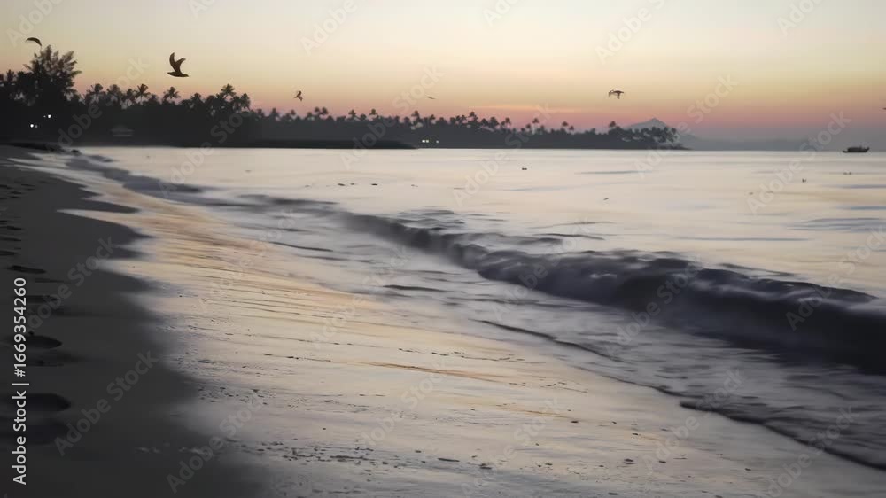 custom made wallpaper toronto digitalSerene Beach Sunrise Gentle Waves, Palms, & Soaring Bird