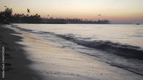 Wallpaper Mural Serene Beach Sunrise Gentle Waves, Palms, & Soaring Bird Torontodigital.ca