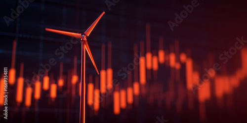 A wind turbine stands against a backdrop of red financial graphs, symbolizing renewable energy's impact on the economy.
