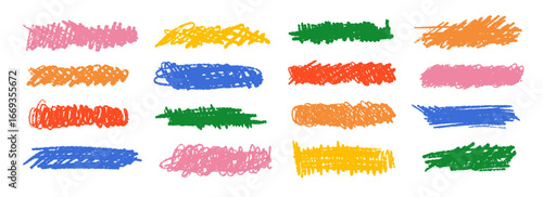 Bright colorful childish scribble set. Colored crayon doodle line and stripe collection. Hand drawn rough charcoal brushstroke element pack. Pastel pencil curly, wavy, squiggly stroke bundle. Vector