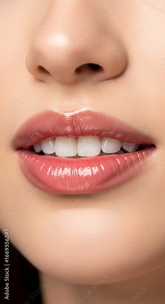 Obraz premium Close-up view of a woman's lips and teeth.