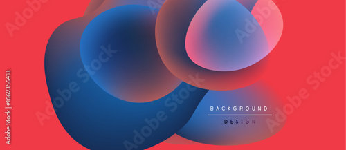 Abstract shapes overlap, creating vibrant color gradients. Red background complements blue, pink hues. Modern design element.