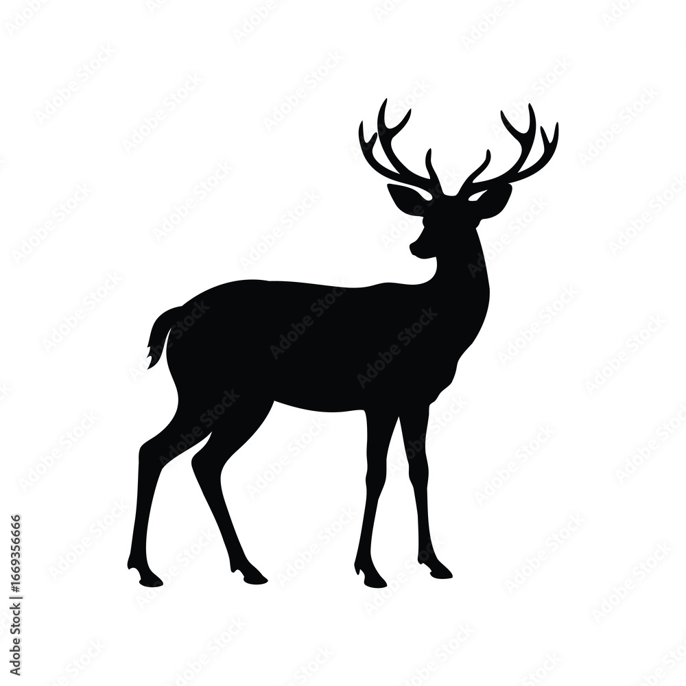 Obraz premium Silhouette of a majestic deer with impressive antlers standing proudly in the wild, deer standing in forest illustration silhouette