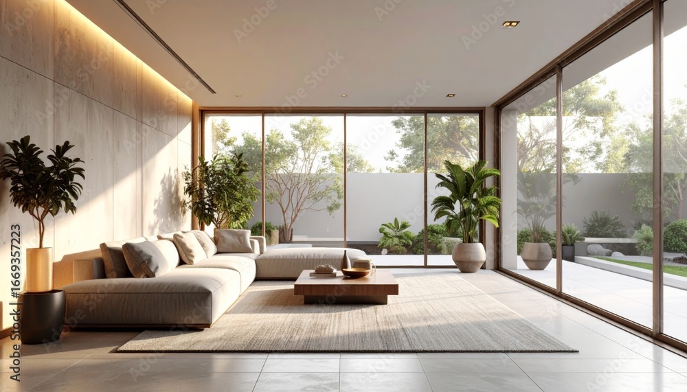 Fototapeta premium A 3D modern living room background with large floor-to-ceiling windows, minimalistic