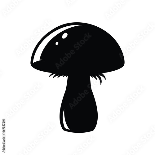 A simplified black and white vector illustration of a glossy mushroom design, doodle kawai mushroom cap close up illustration silhouette