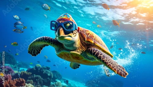 A 3D cartoon turtle swimmer with goggles and a swim cap, racing underwater with color