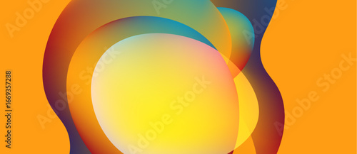 Abstract vibrant shapes overlap, creating luminous gradients. Warm colors dominate, transitioning into cooler hues. Modern design, smooth textures.