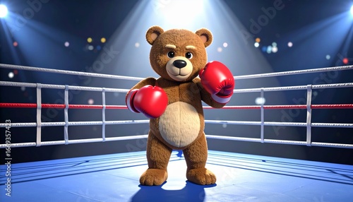A 3D cartoon bear boxer with red gloves, standing in a boxing ring under dramatic