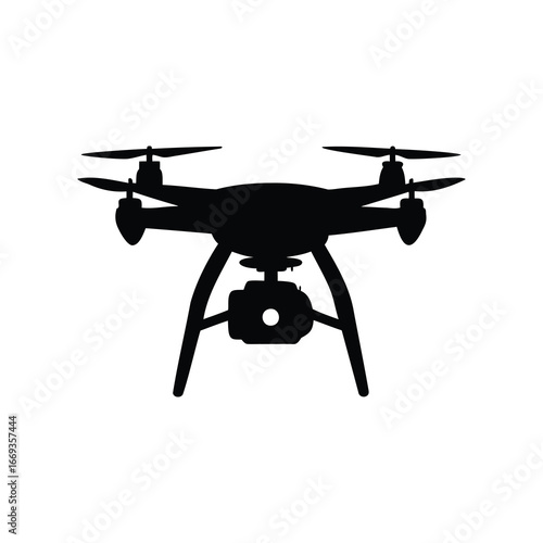 Black silhouette of a quadcopter drone with camera attachment on white background, drone capturing aerial photo illustration silhouette