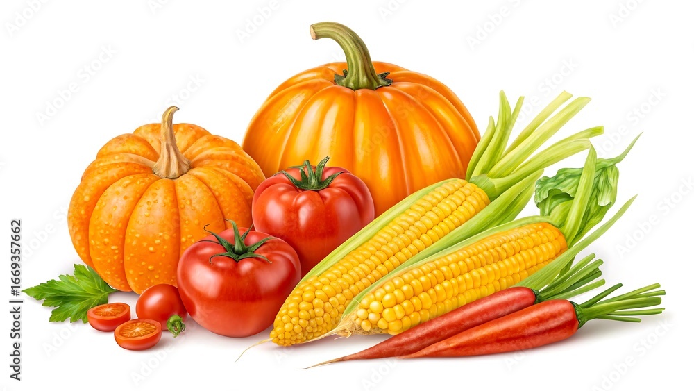 Fototapeta premium Fresh autumn harvest vegetables pumpkin corn carrot tomato illustration
