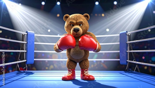 A 3D cartoon bear boxer with red gloves, standing in a boxing ring under dramatic