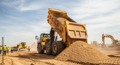 Articulated dump truck unloading sand on a construction site under bright sunny sky
